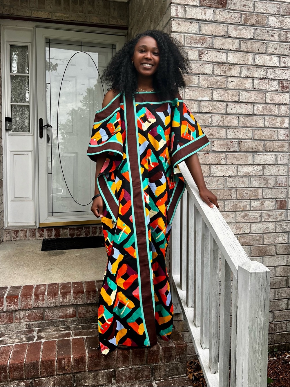 Cold-Shoulder Maxi Dress in Multicolor Geometric African Print